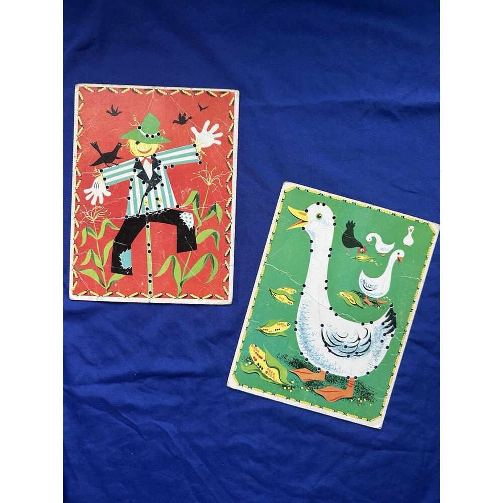 2 Vintage Children's Lace Up Sewing Cards Art Junk Journal Scrapbook Crafts